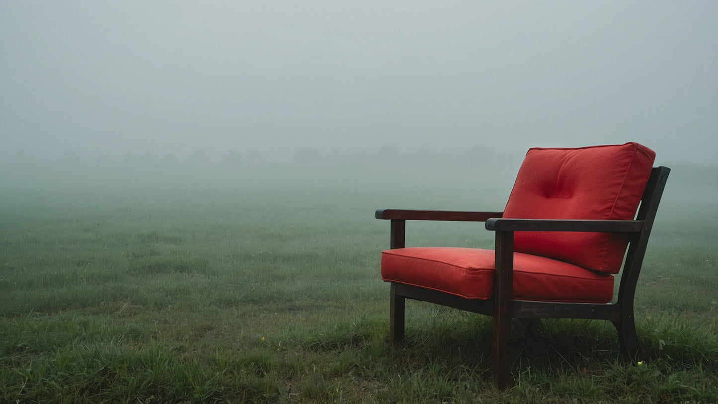 Roter Stuhl im Nebel